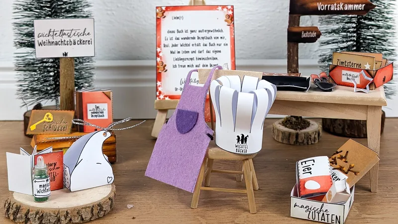 Wichtelbäckerei mit Mehlspuren, Schürze, Schüssel und Plätzchenblech