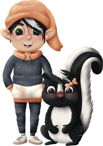 Wichtel Elvis mit Stinktierdame Cilla, handgezeichnet