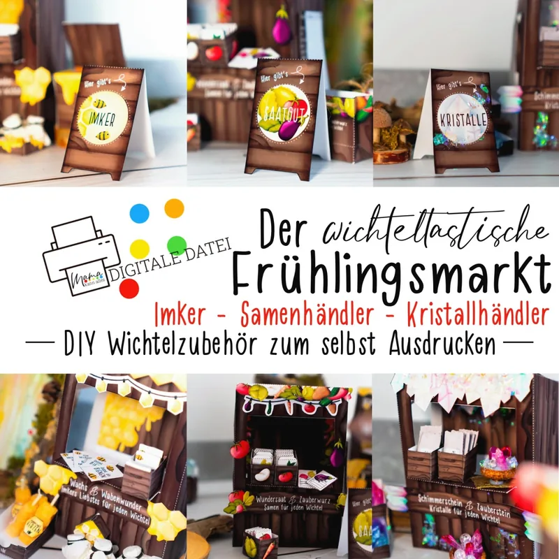 Wichtel Frühlingsmarkt-Set: Imker, Samenhändler, Kristallhändler
