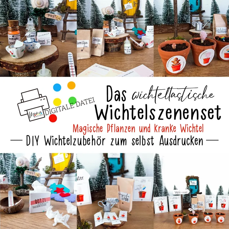 Wichtelszenenset Garten und Krank: magische Pflanzen und kranke Wichtel