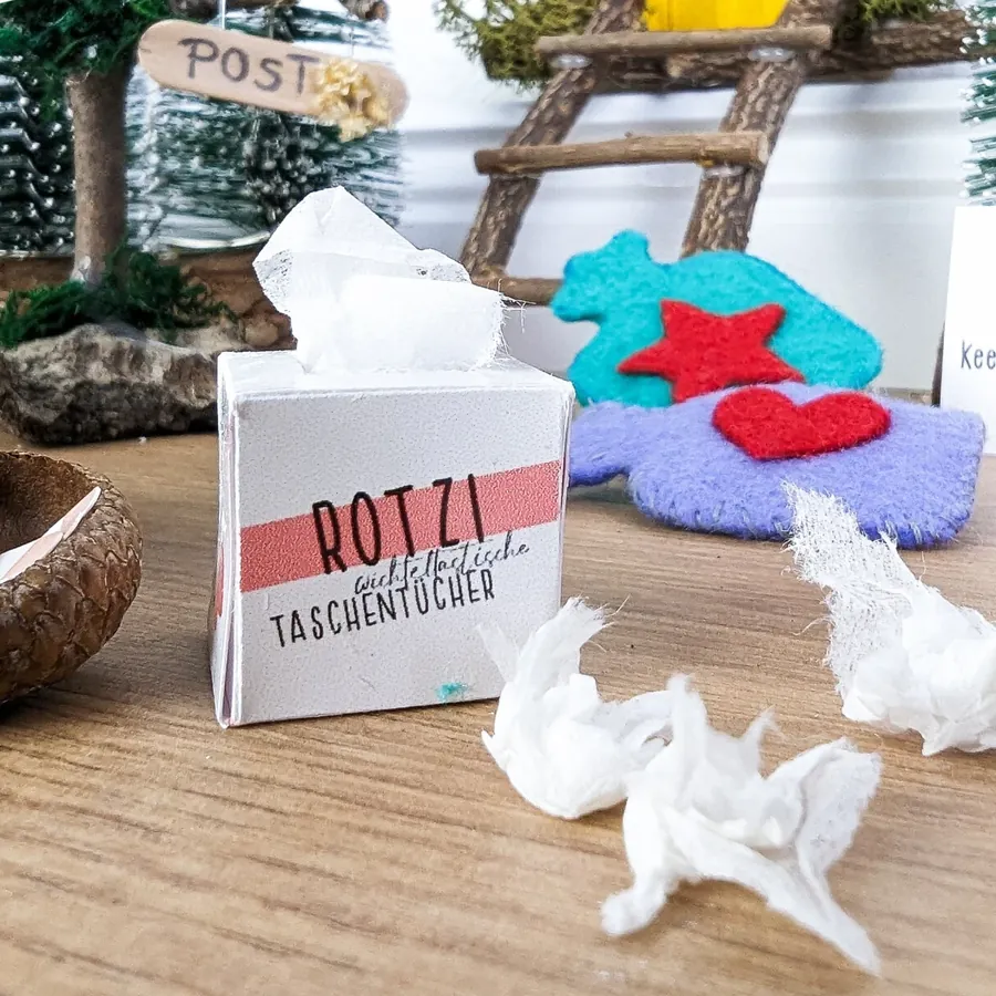 Mini-Taschentuchbox Rotzi mit zerknüllten Taschentüchern vor der Wichteltür