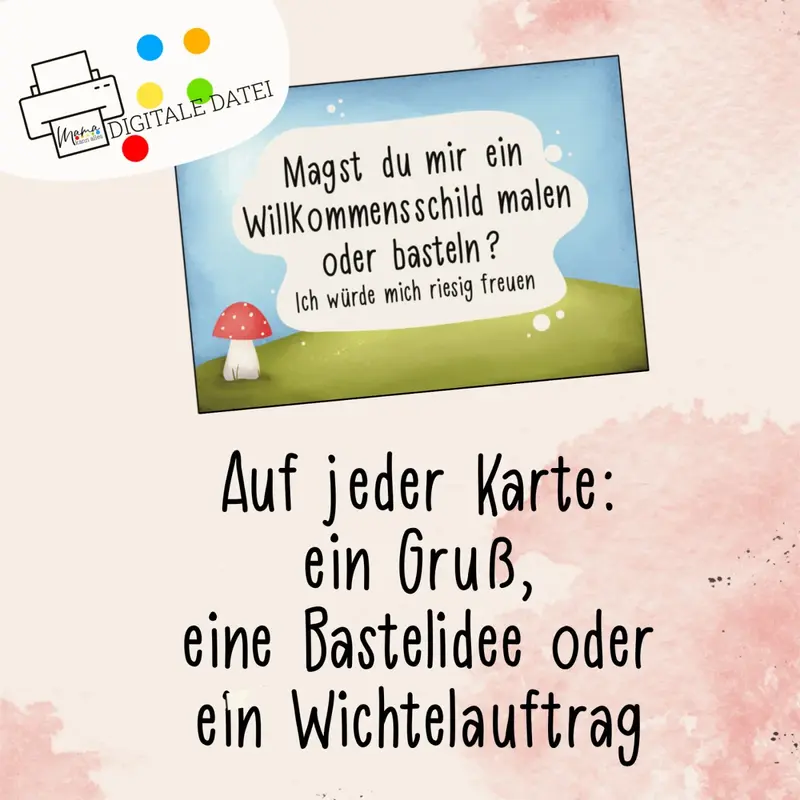 24 Wichtelbriefe als Postkarten zum Selbst-Ausdrucken, auf jeder Karte ein Gruß, eine Bastelidee oder ein Wichtelauftrag