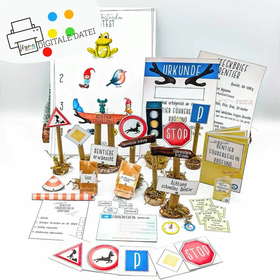 Das Wichtel Rentier Führerschein Set mit Verkehrsschildern, Ampel, Sehtest, Theorieprüfung und Urkunde