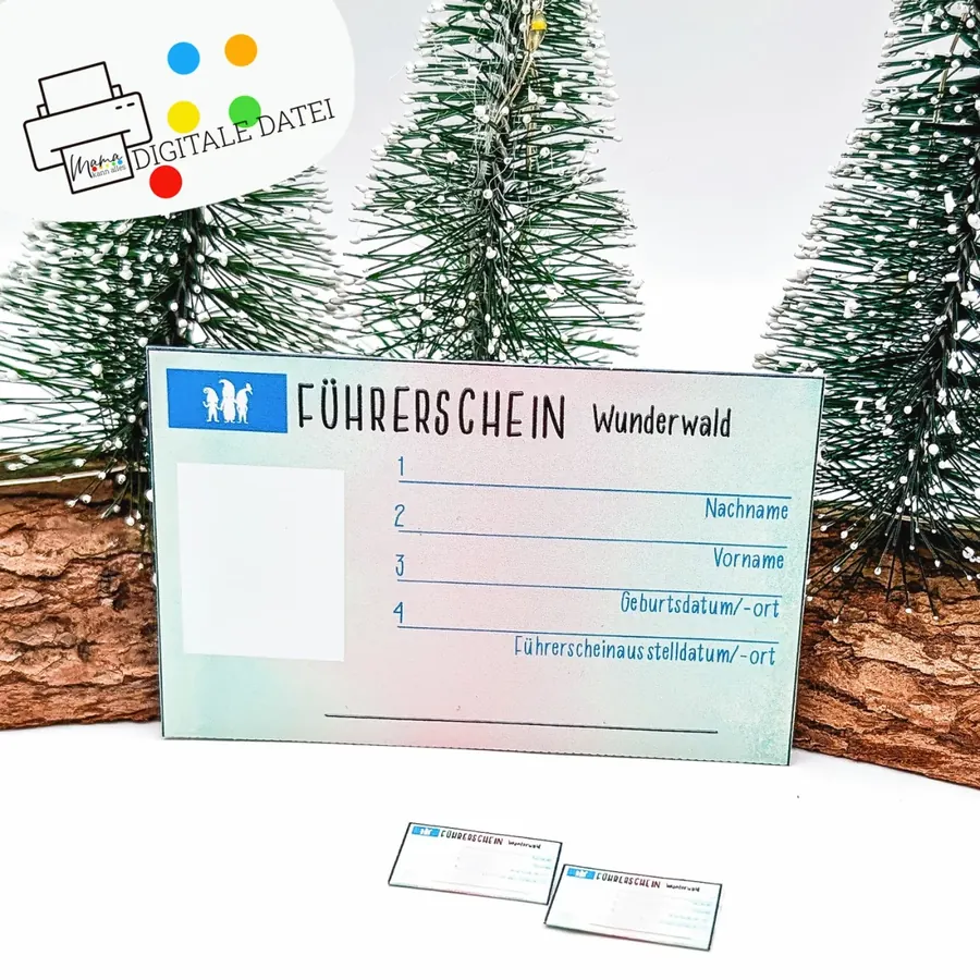 Rentierführerschein Wunderwald mit Feldern für Name, Vorname und Geburtsdatum, daneben kleine Führerscheine in Wichtelgröße
