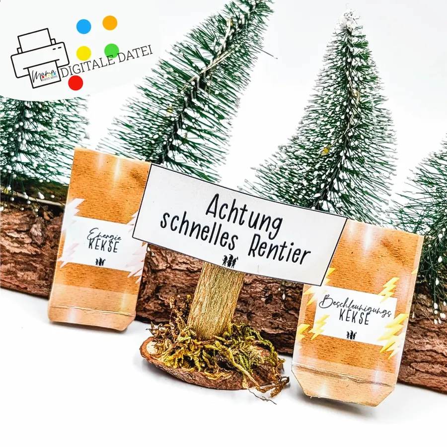 Schild Achtung, schnelles Rentier zwischen zwei Keks-Säcken