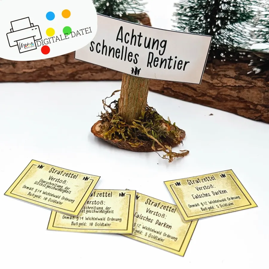 Schild Achtung, schnelles Rentier mit drei Strafzetteln für zu schnelles Fahren