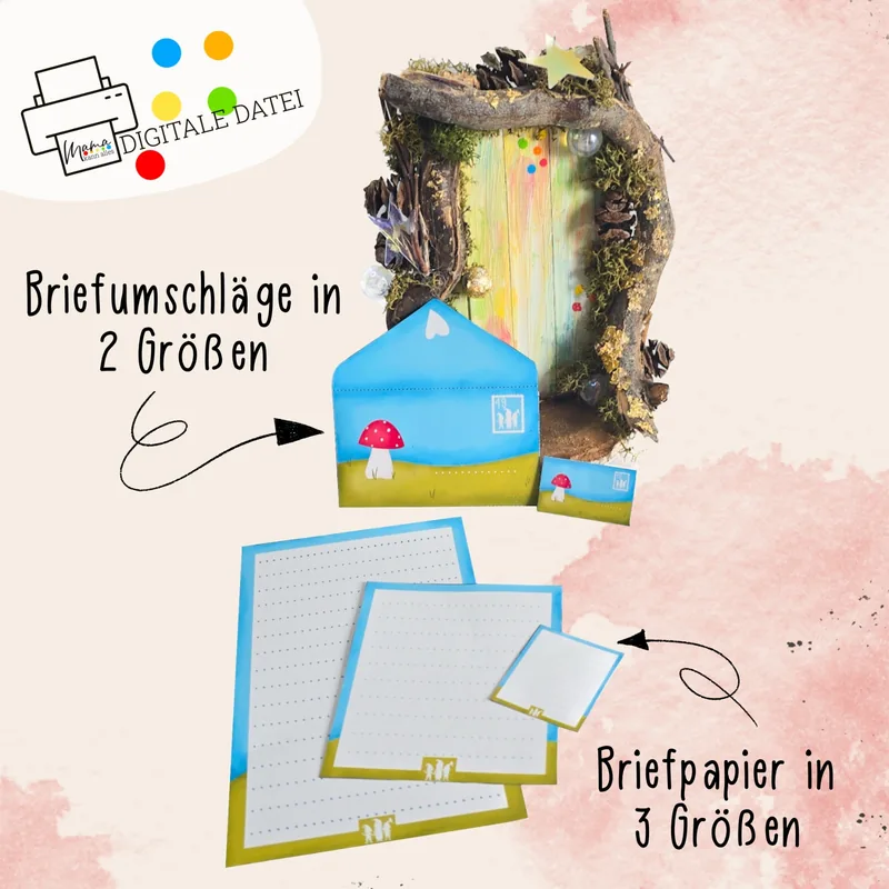 Wichtel-Briefpapier in drei Größen und Briefumschläge in zwei Größen vor einer Wichteltür