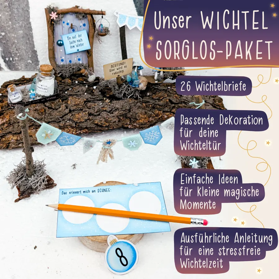 Winterliche Szene vor der Wichteltür mit Girlande, Schild und Wichtelbrief aus dem Sorglos-Paket