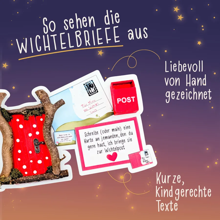 So sehen Wichtelbriefe aus: Postkarte mit Auftrag, Wichteltür und kleiner roter Briefkasten
