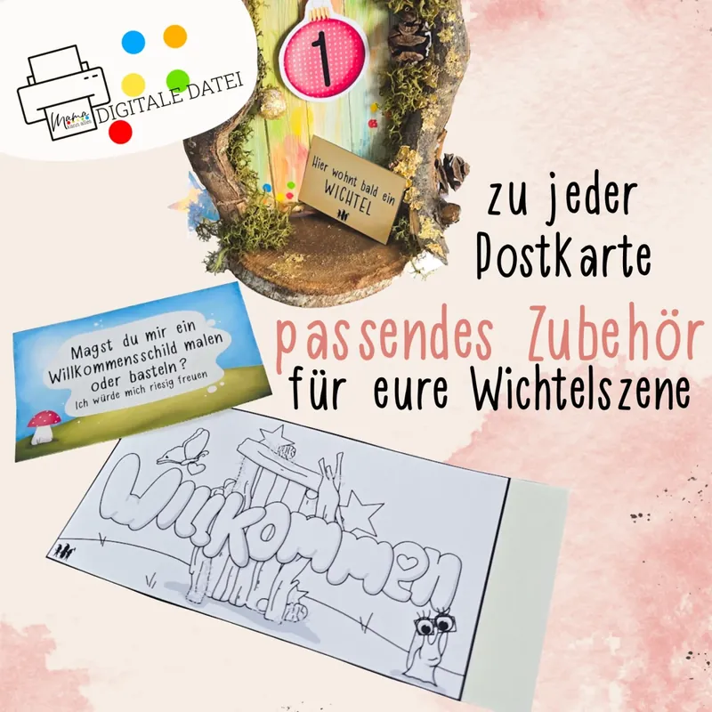 Wichteltür mit Tag-1-Anhänger und Schild „Hier wohnt bald ein Wichtel“, dazu eine Wichtelpostkarte und ein Willkommensschild zum Ausmalen