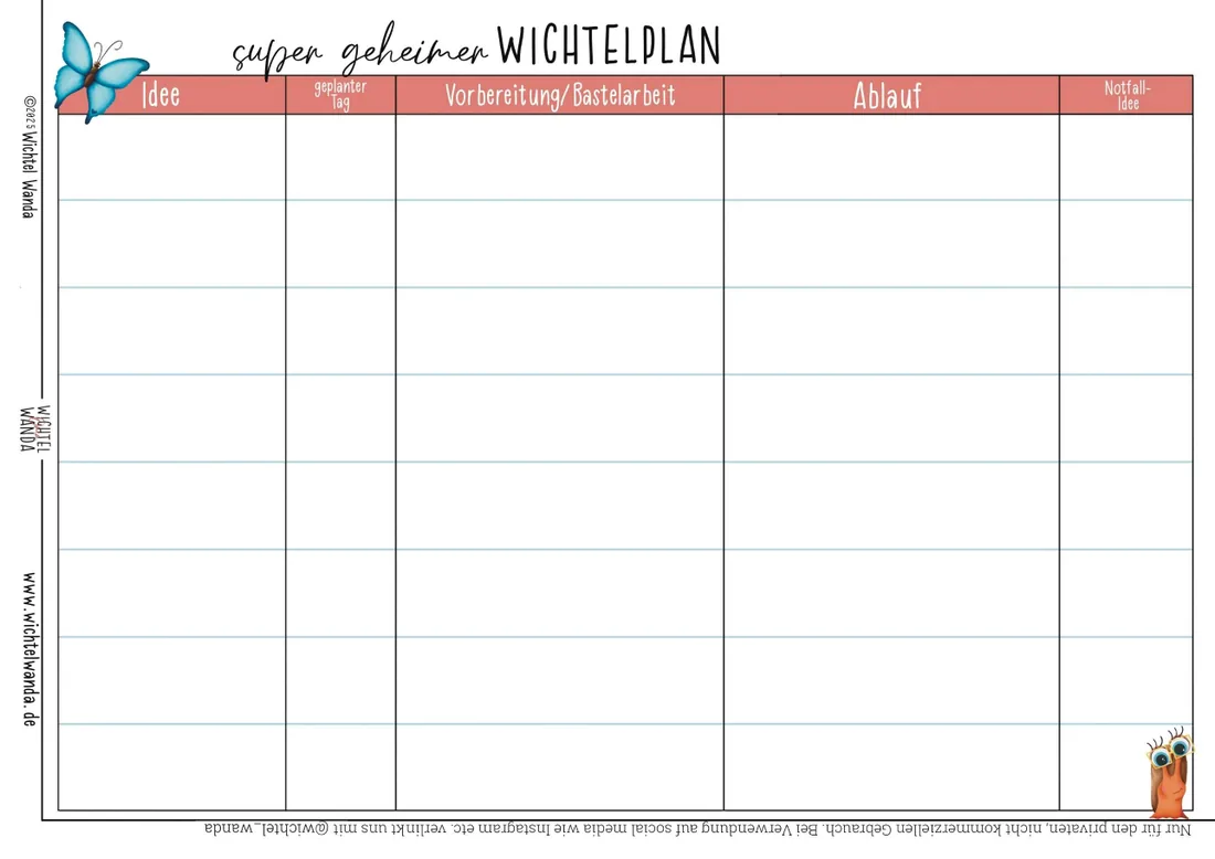 Der super geheime Wichtelplan von Wichtel Wanda: Tabelle mit den Spalten Idee, geplanter Tag, Vorbereitung und Bastelarbeit, Ablauf und Notfallidee