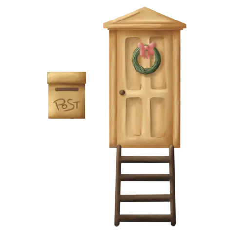 Handgezeichnete Wichteltür aus Holz mit Briefkasten, Kranz und Leiter