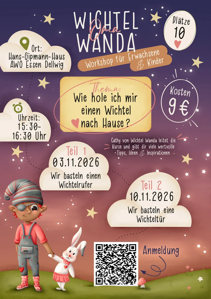 Flyer: Wichtel-Workshop für Erwachsene und Kinder. Wie hole ich mir einen Wichtel nach Hause?