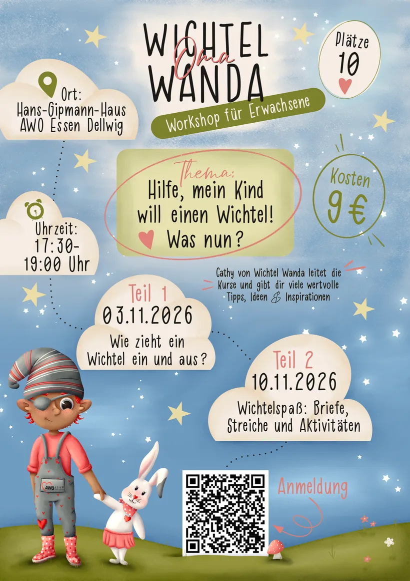 Flyer: Wichtel-Workshop für Erwachsene. Hilfe, mein Kind will einen Wichtel! Was nun?